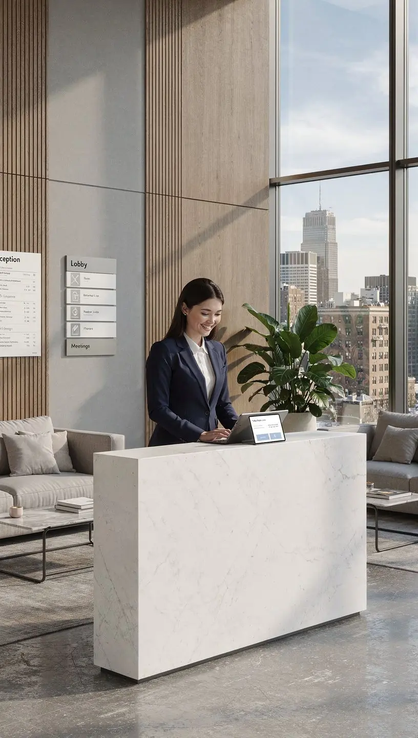 Эффективная планировка офиса с четкими проходами и функциональными зонами.