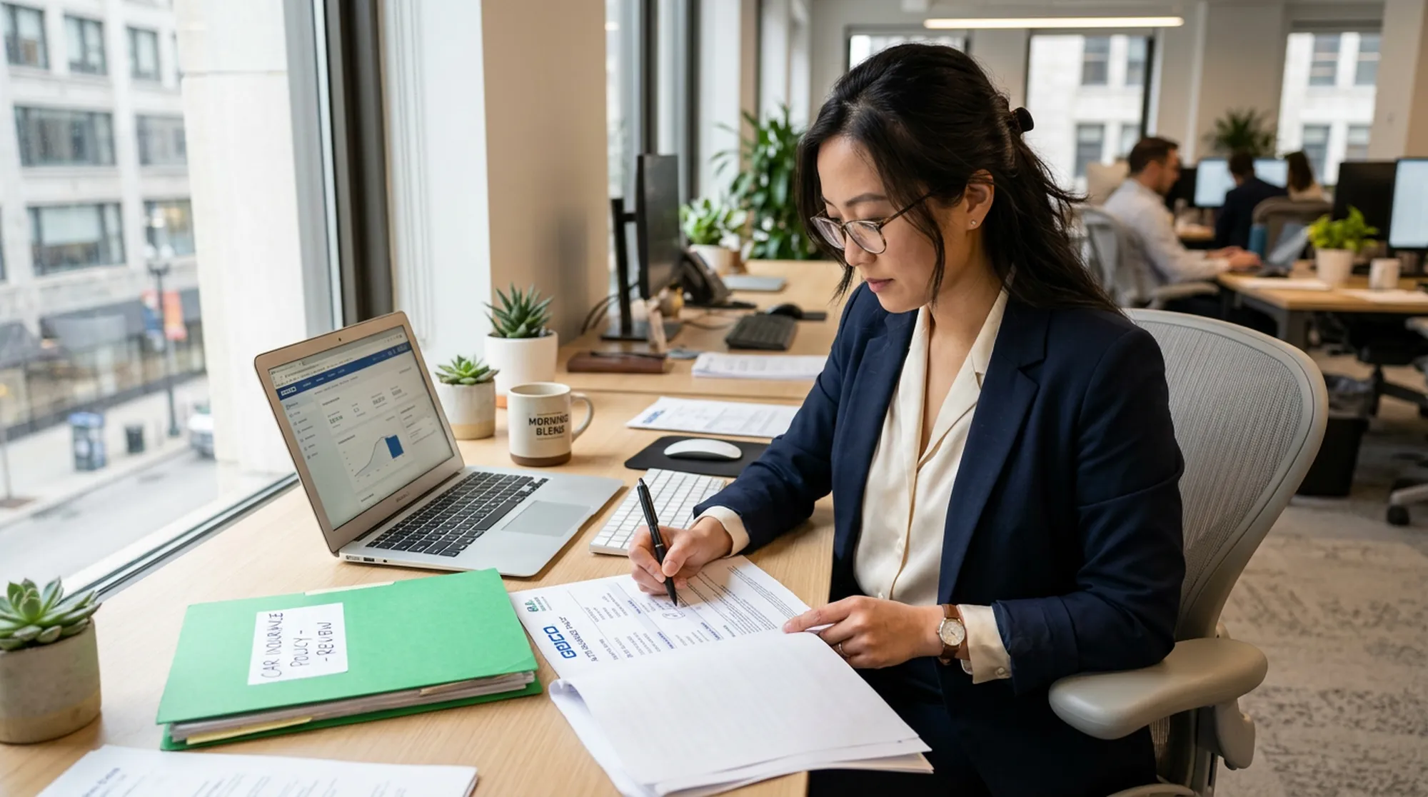 Osoba analizuje materiały edukacyjne o ubezpieczeniu pojazdu
